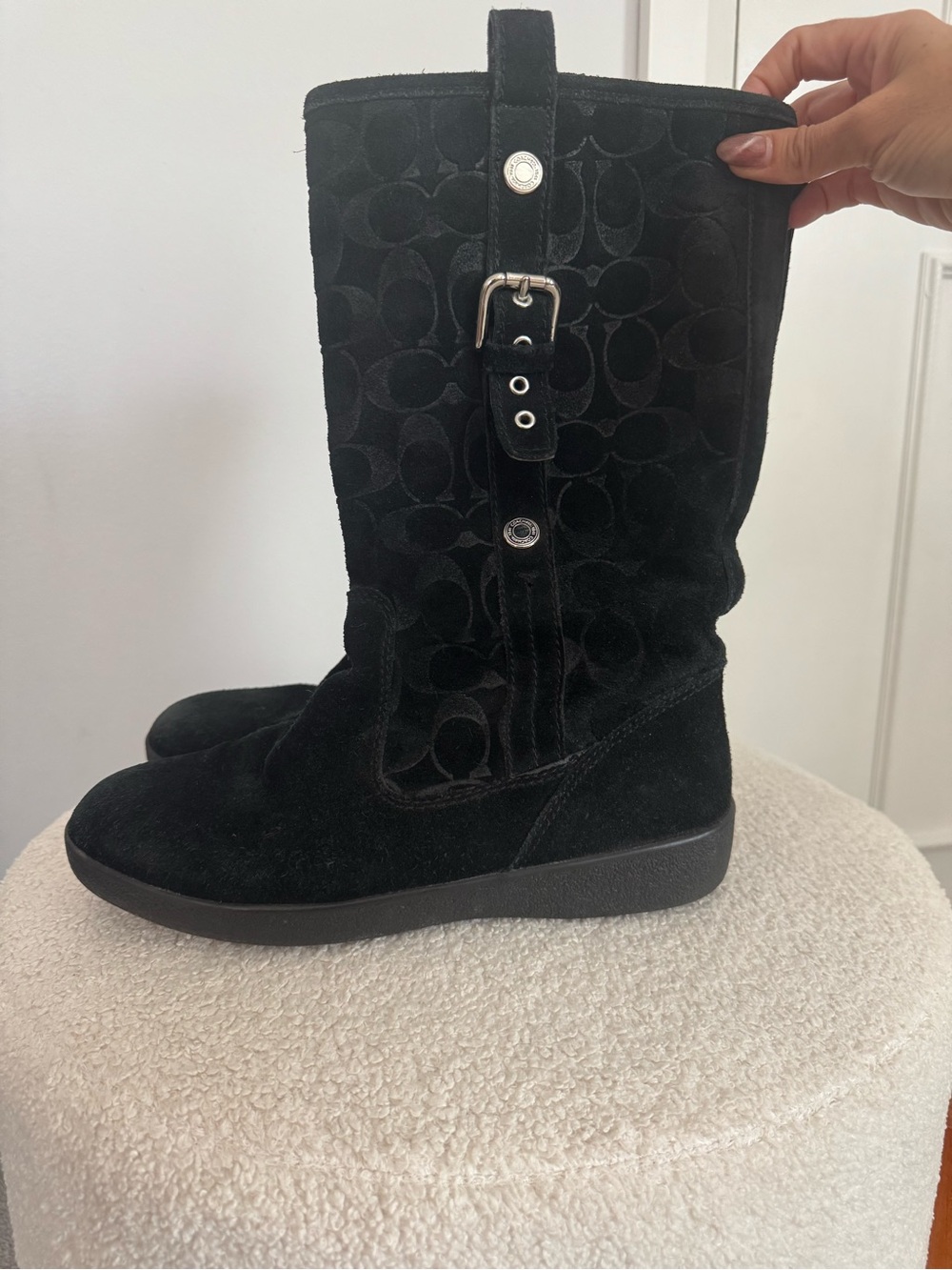 Coach Black Suede Mid-Calf Buckle Detail Bootie